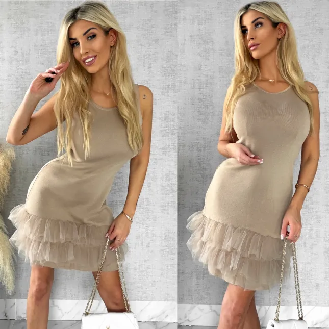 Beżowa dzianinowa sukienka z tiulem ONE SIZE - R447A