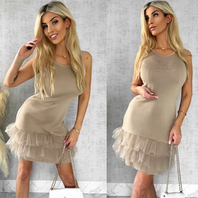 Beżowa dzianinowa sukienka z tiulem ONE SIZE - R447A