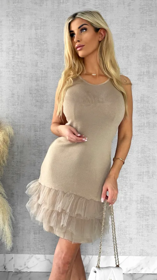 Beżowa dzianinowa sukienka z tiulem ONE SIZE - R447A