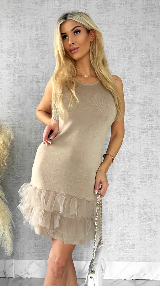 Beżowa dzianinowa sukienka z tiulem ONE SIZE - R447A