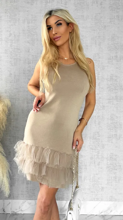 Beżowa dzianinowa sukienka z tiulem ONE SIZE - R447A