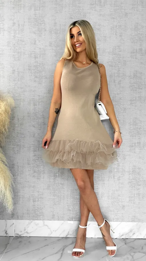 Beżowa dzianinowa sukienka z tiulem ONE SIZE - R447A