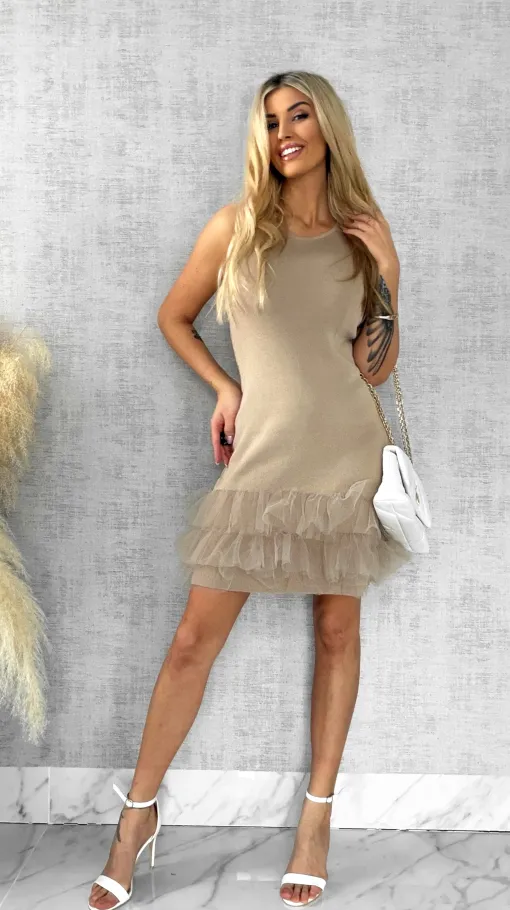 Beżowa dzianinowa sukienka z tiulem ONE SIZE - R447A