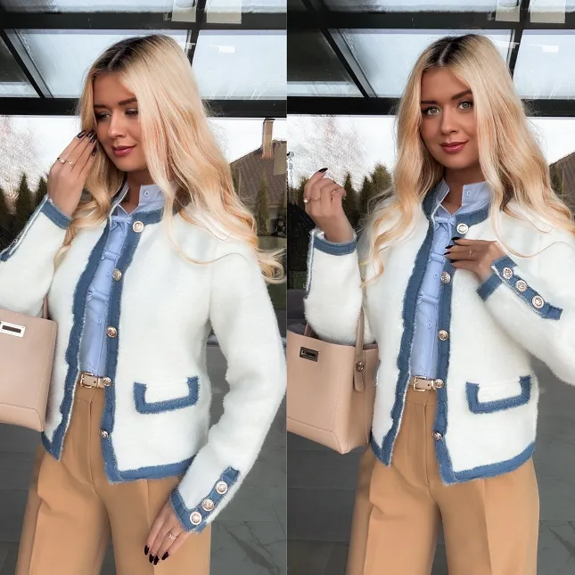 Ciepła marynarka wykończona jeansowymi dodatkami ONE SIZE ecru - R349