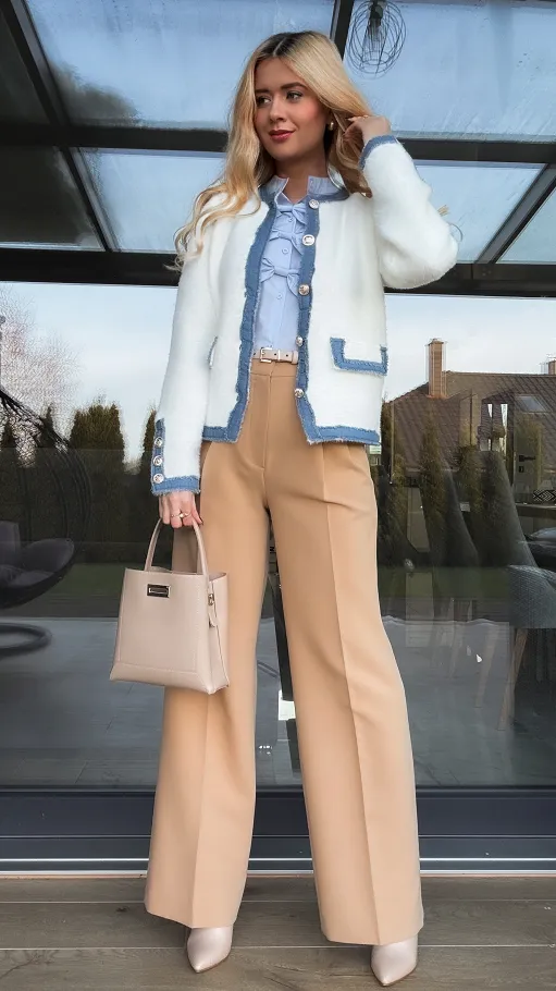 Ciepła marynarka wykończona jeansowymi dodatkami ONE SIZE ecru - R349