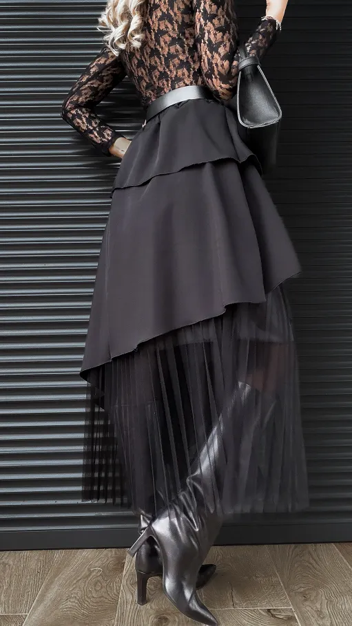 Asymetryczna elegancka spódnica zdobiona tiulem ONE SIZE - R302