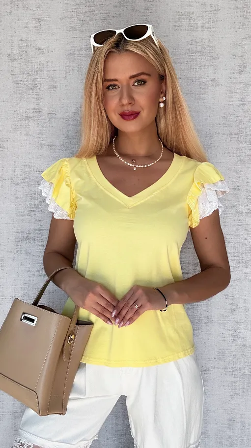 Żółta bluzka t-shirt z ozdobnymi rękawkami ONE SIZE - P565