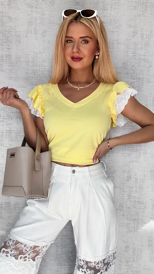 Żółta bluzka t-shirt z ozdobnymi rękawkami ONE SIZE - P565