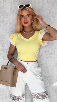 Żółta bluzka t-shirt z ozdobnymi rękawkami ONE SIZE - P565
