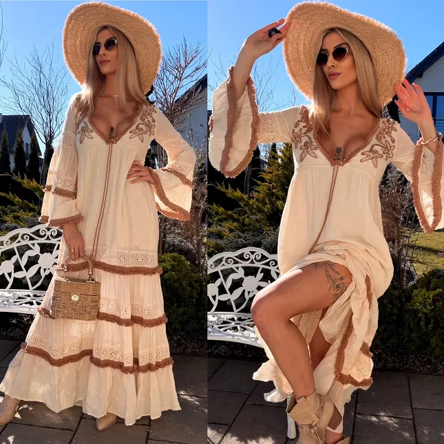 Bawełniana MAXI sukienka w stylu BOHO w kolorze ecru - R768