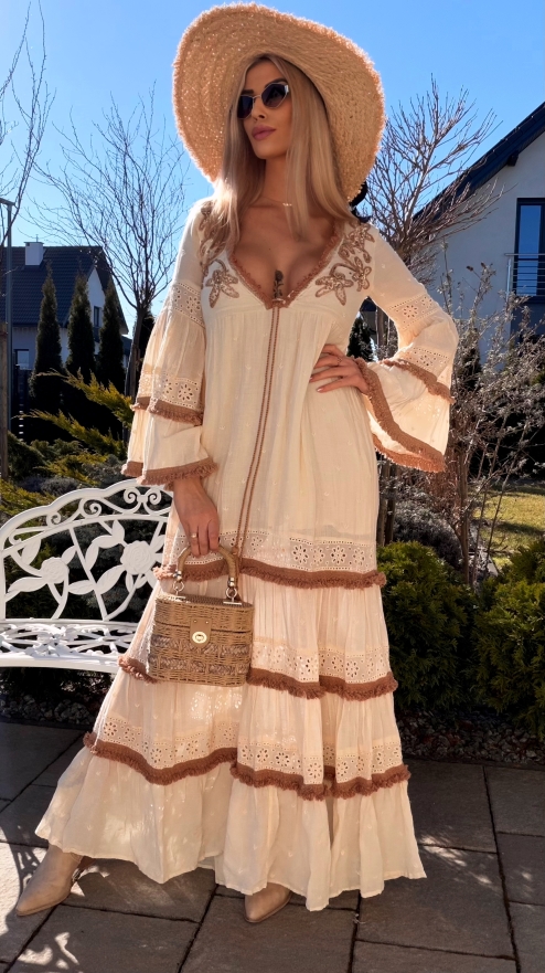 Bawełniana MAXI sukienka w stylu BOHO w kolorze ecru - R768