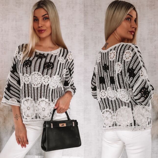 Ażurowy wiosenny sweter z bawełny ONE SIZE ecru z czarnym - R929