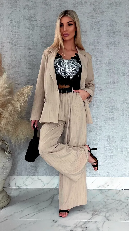 Wiosenny beżowy komplet w delikatne paski marynarka + spodnie ONE SIZE - R958