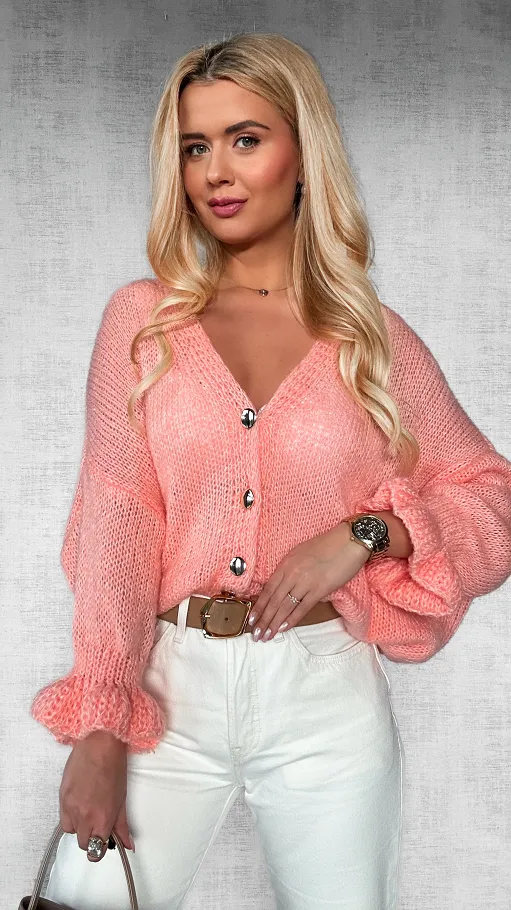 Lekki puszysty sweter na guziki z modnymi rękawami BRZOSKWINIOWY - P471A