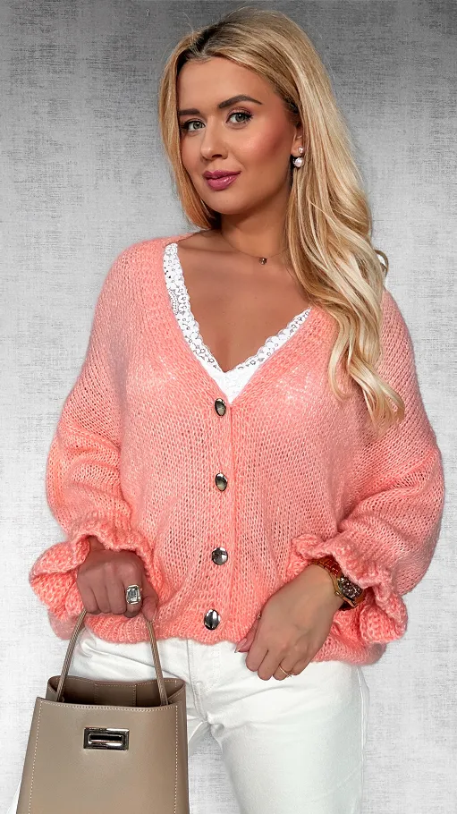 Lekki puszysty sweter na guziki z modnymi rękawami BRZOSKWINIOWY - P471A
