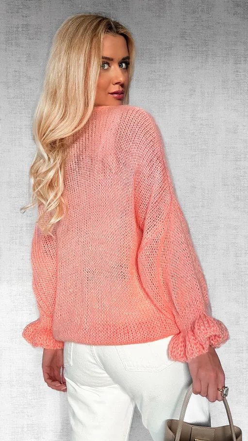 Lekki puszysty sweter na guziki z modnymi rękawami BRZOSKWINIOWY - P471A