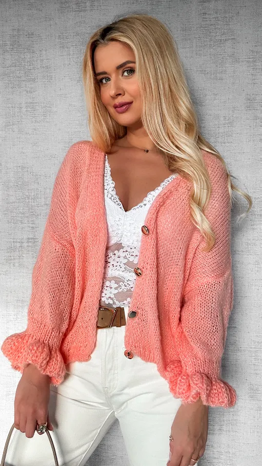Lekki puszysty sweter na guziki z modnymi rękawami BRZOSKWINIOWY - P471A