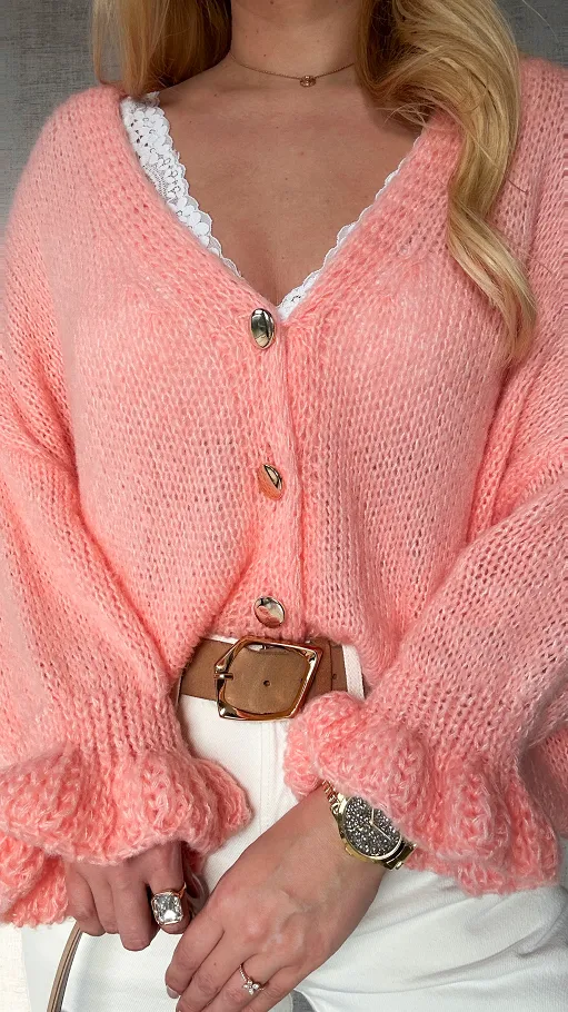 Lekki puszysty sweter na guziki z modnymi rękawami BRZOSKWINIOWY - P471A