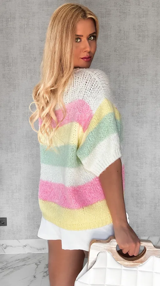 Wiosenny sweter z krótkim rękawem w kolorowe pasy multi kolor WHITE - P653A