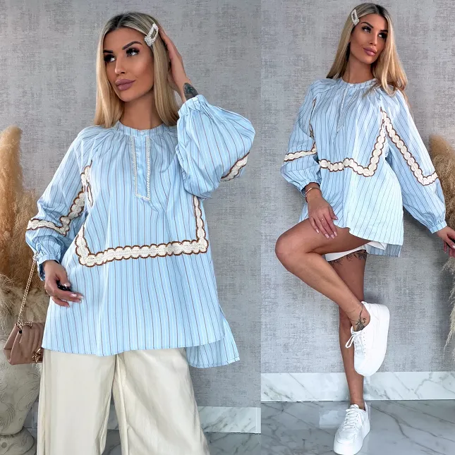 Asymetryczna bluzka koszulowa BOHO w paski zdobiona koronką ONE SIZE - R592