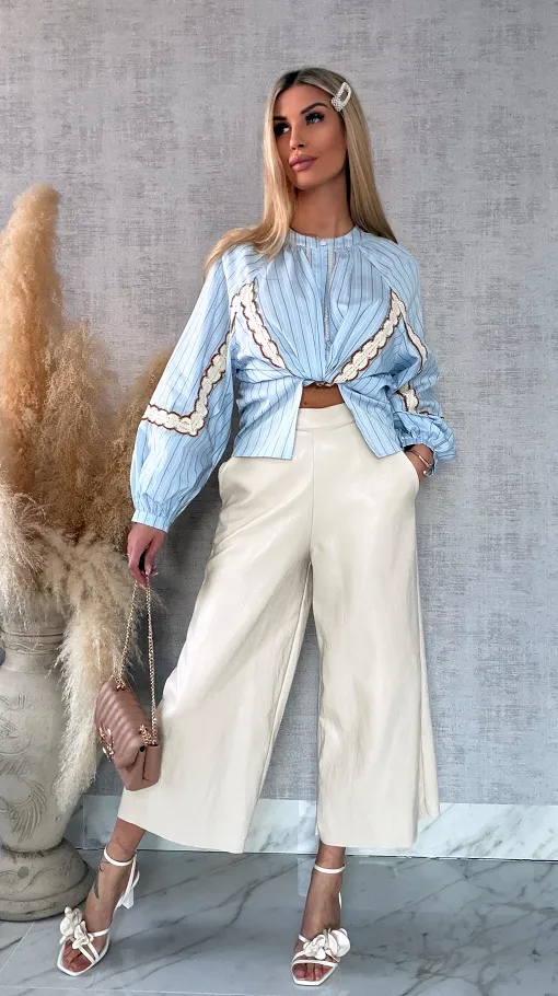 Asymetryczna bluzka koszulowa BOHO w paski zdobiona koronką ONE SIZE - R592