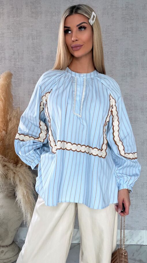 Asymetryczna bluzka koszulowa BOHO w paski zdobiona koronką ONE SIZE - R592