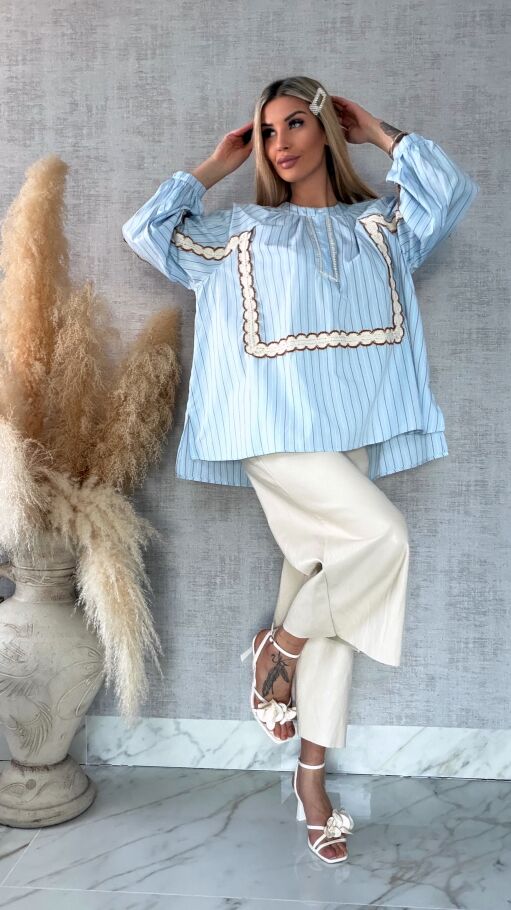 Asymetryczna bluzka koszulowa BOHO w paski zdobiona koronką ONE SIZE - R592