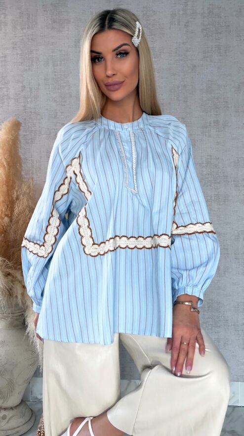 Asymetryczna bluzka koszulowa BOHO w paski zdobiona koronką ONE SIZE - R592