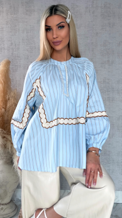 Asymetryczna bluzka koszulowa BOHO w paski zdobiona koronką ONE SIZE - R592