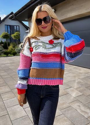 Kolorowy jesienny sweter z grubym splotem z bawełną - M227