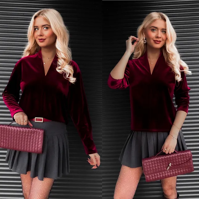 Gładka aksamitna bluzka w serek ONE SIZE bordowa - R407