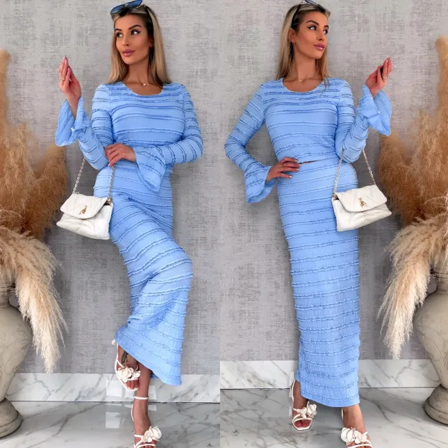 Wiosenny elastyczny komplet bluzka + midi spódnica ONE SIZE blue - R671C