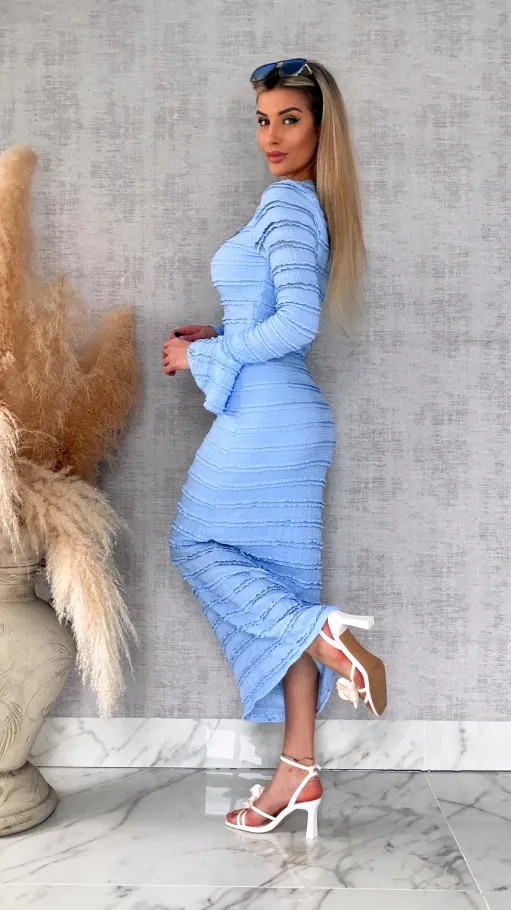 Wiosenny elastyczny komplet bluzka + midi spódnica ONE SIZE blue - R671C