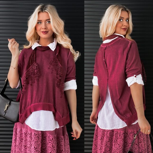 Zestaw 3 w 1 bluzka + koszula + szalik ONE SIZE bordo - N879