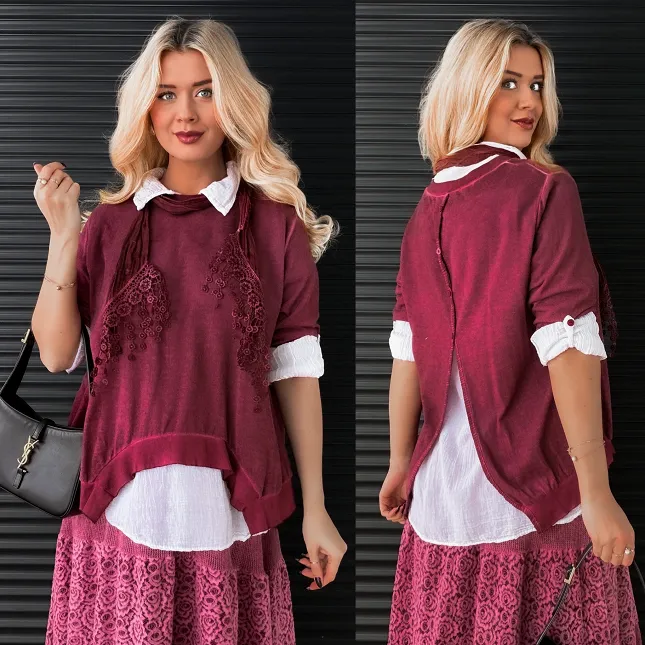 Zestaw 3 w 1 bluzka + koszula + szalik ONE SIZE bordo - N879