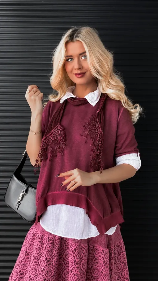 Zestaw 3 w 1 bluzka + koszula + szalik ONE SIZE bordo - N879