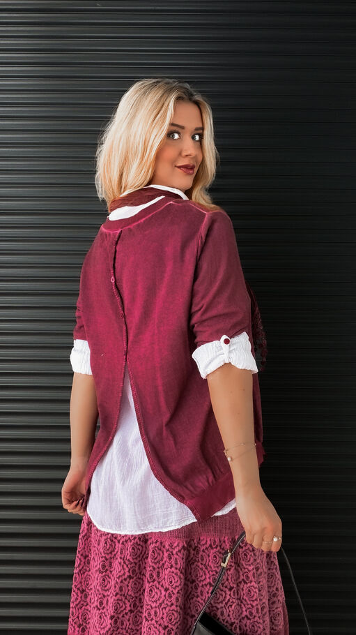 Zestaw 3 w 1 bluzka + koszula + szalik ONE SIZE bordo - N879
