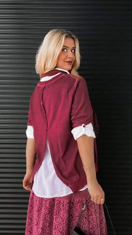 Zestaw 3 w 1 bluzka + koszula + szalik ONE SIZE bordo - N879