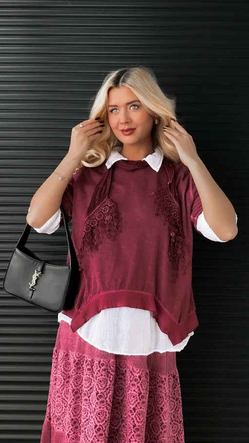 Zestaw 3 w 1 bluzka + koszula + szalik ONE SIZE bordo - N879