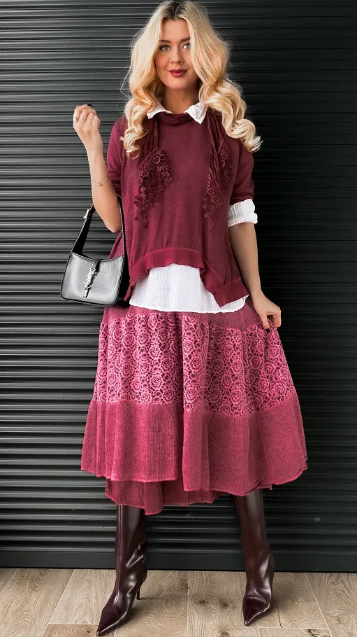 Zestaw 3 w 1 bluzka + koszula + szalik ONE SIZE bordo - N879