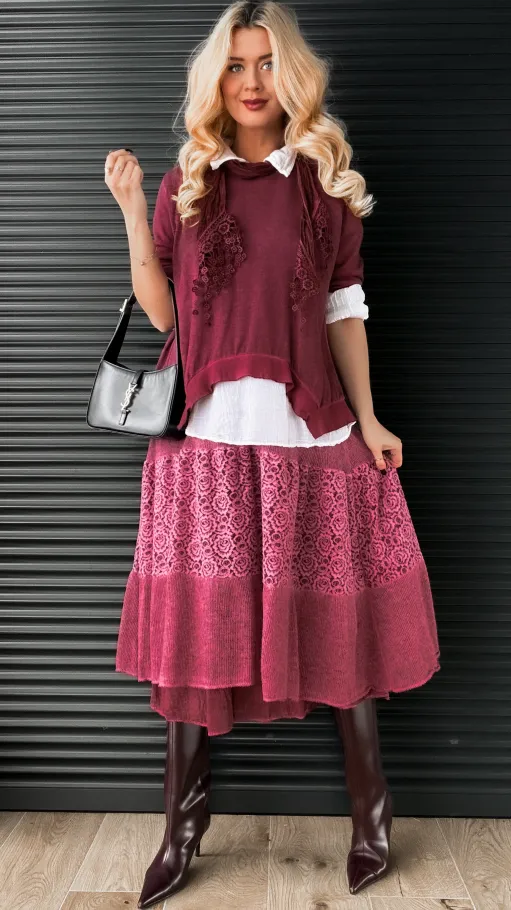 Zestaw 3 w 1 bluzka + koszula + szalik ONE SIZE bordo - N879