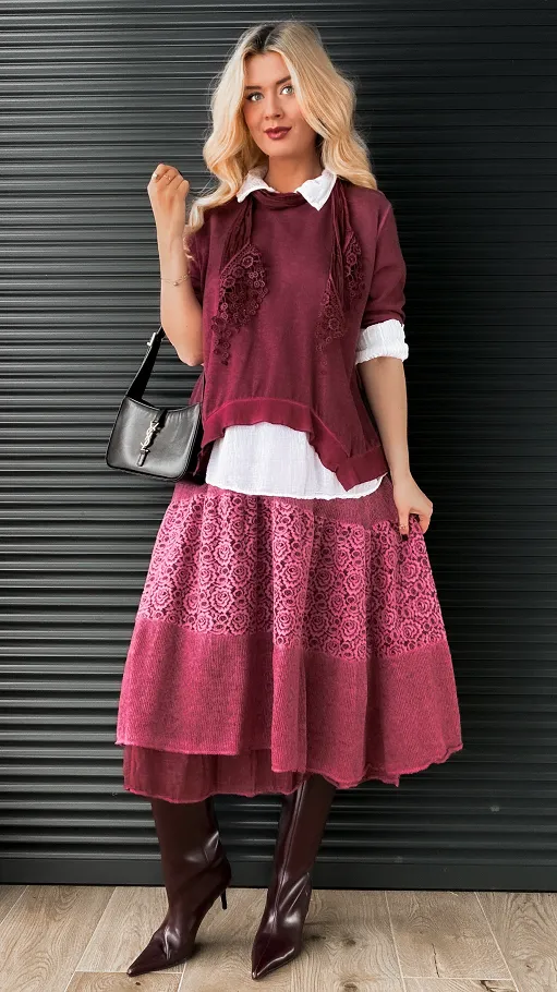 Zestaw 3 w 1 bluzka + koszula + szalik ONE SIZE bordo - N879