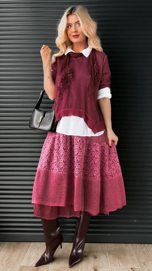 Zestaw 3 w 1 bluzka + koszula + szalik ONE SIZE bordo - N879