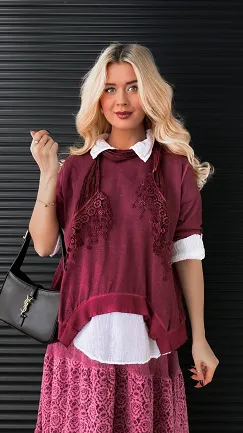 Zestaw 3 w 1 bluzka + koszula + szalik ONE SIZE bordo - N879