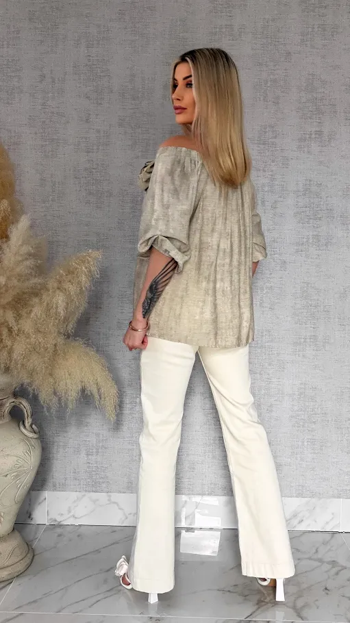 Bluzka hiszpanka z kwiatem melanżowy beż ONE SIZE wiskoza - R849A