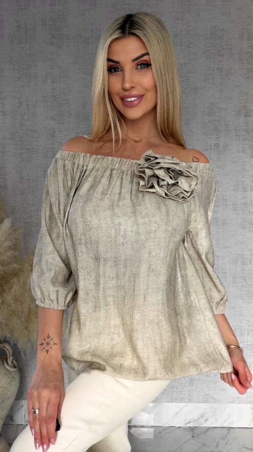 Bluzka hiszpanka z kwiatem melanżowy beż ONE SIZE wiskoza - R849A
