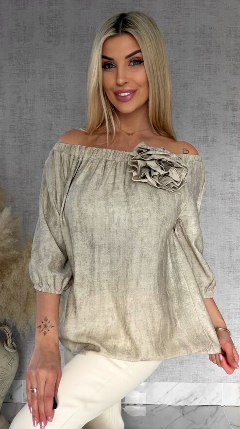 Bluzka hiszpanka z kwiatem melanżowy beż ONE SIZE wiskoza - R849A