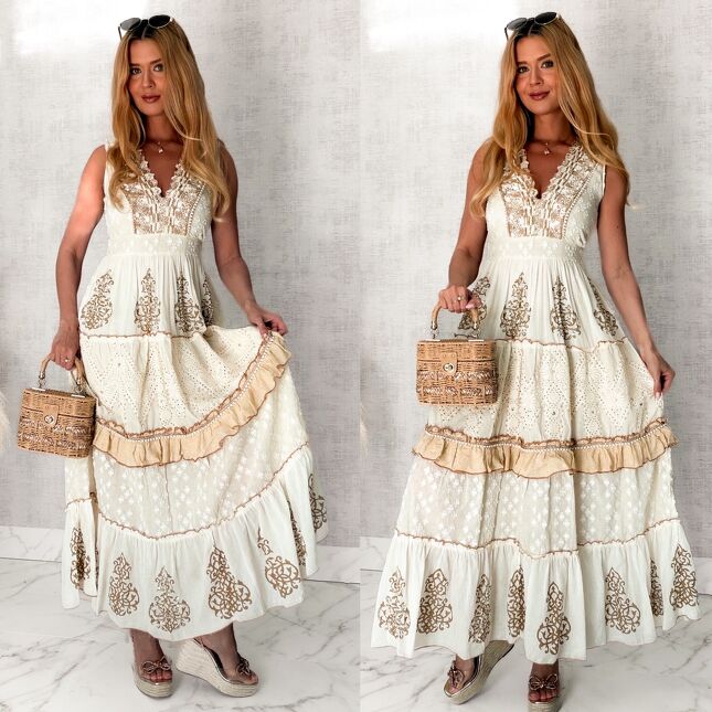 Boho sukienka na ramiączkach z beżowo złotymi dodatkami w kolorze ECRU - S130