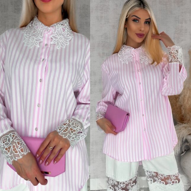 Różowa koszula w paski zdobiona koronkowym kołnierzykiem ONE SIZE - R864