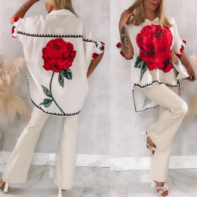 Asymetryczna lniana koszula ECRU z czerwoną różą ONE SIZE - R946